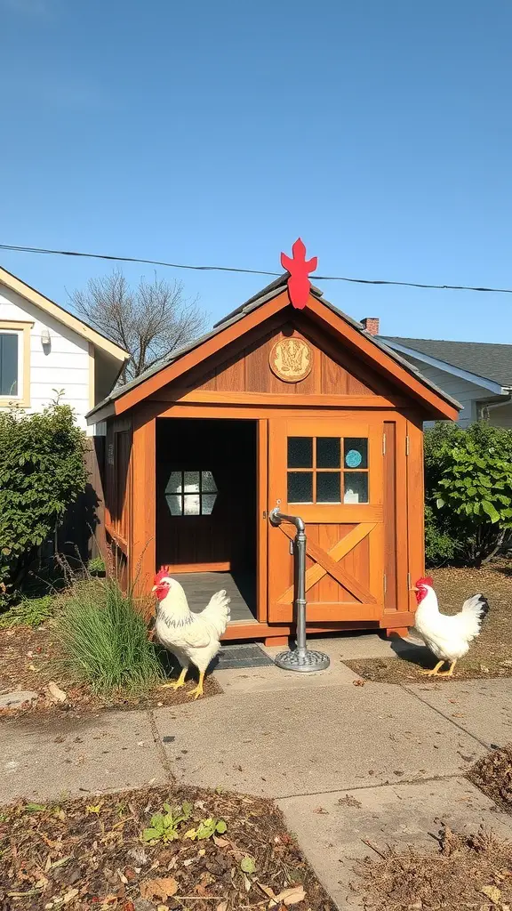 A colorful chicken coop with two chickens outside, showcasing a community project.