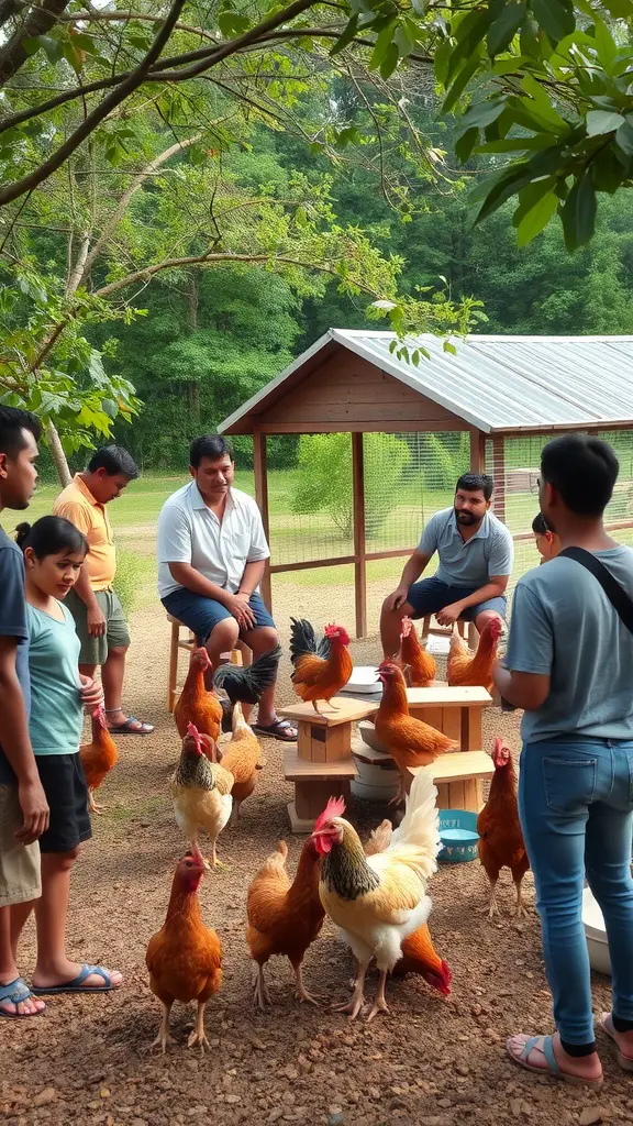 A group of people interacting with chickens in a community setting.