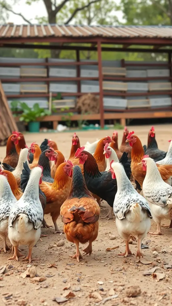 A group of chickens from different breeds interacting in a yard.