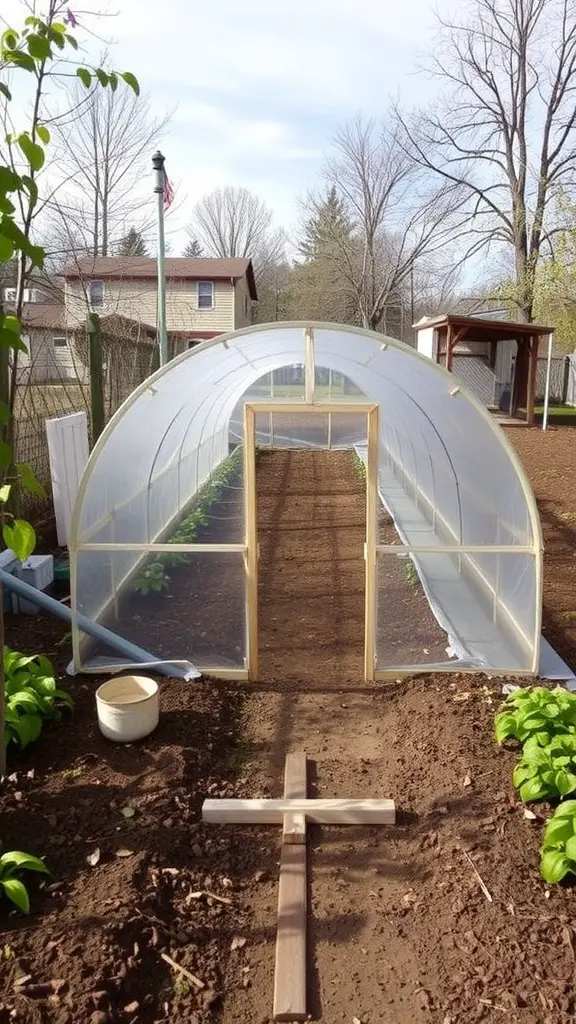 A community project featuring a chicken tunnel with people tending to chickens in a backyard.
