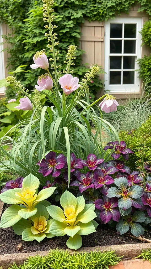 A small cottage garden featuring vibrant pink and purple flowers with lush green foliage.