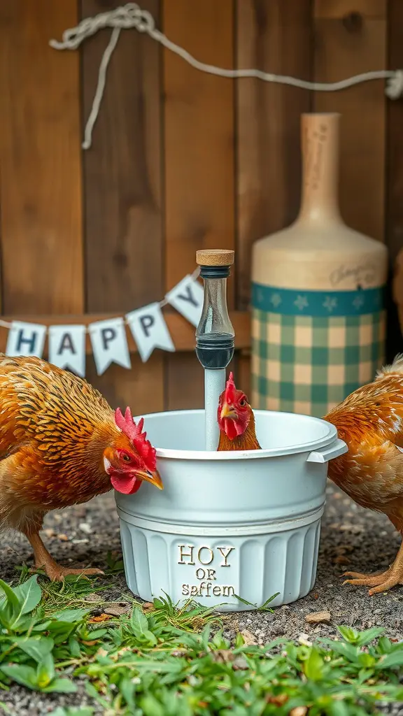 Two chickens drinking from a DIY waterer made from a 5-gallon bucket.