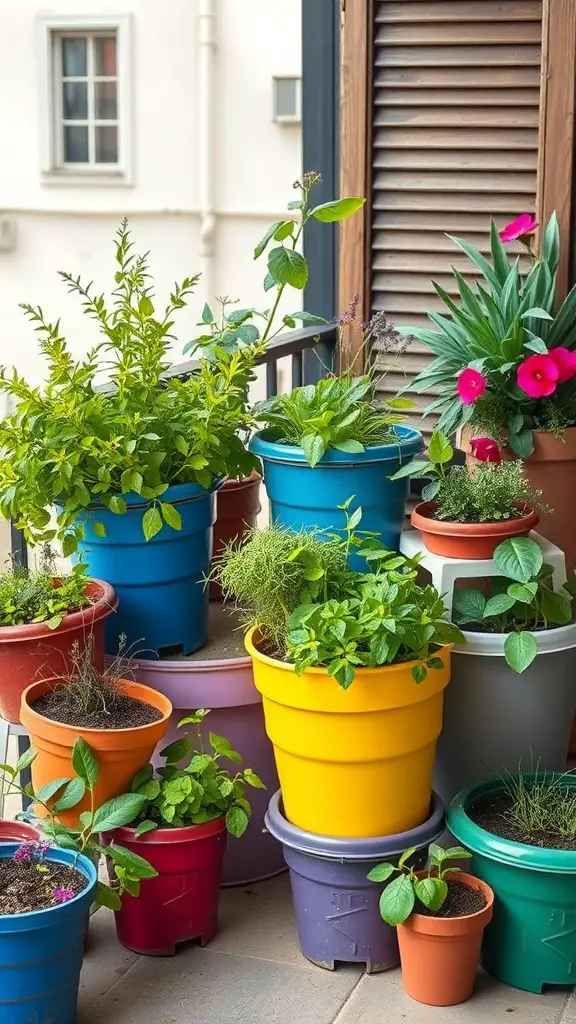 A colorful arrangement of potted plants on a balcony, showcasing various herbs and flowers in vibrant containers.