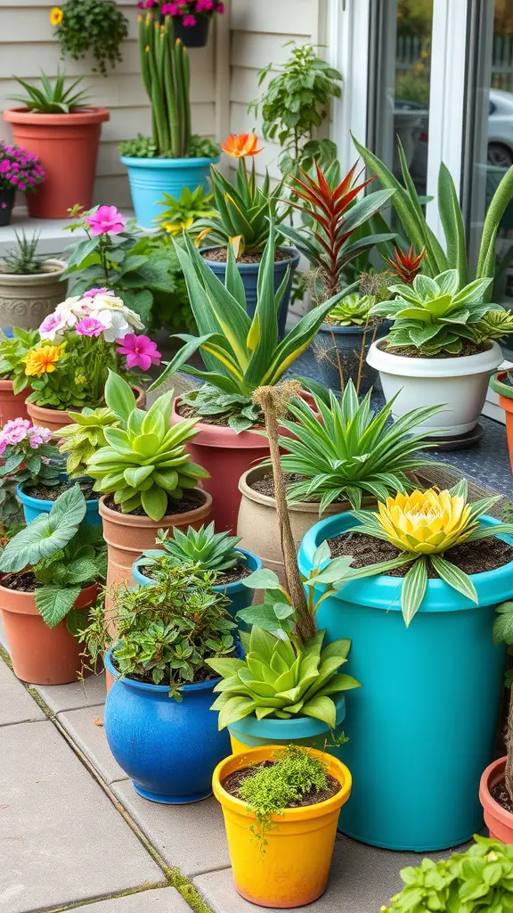 A variety of colorful potted plants arranged in an outdoor space.