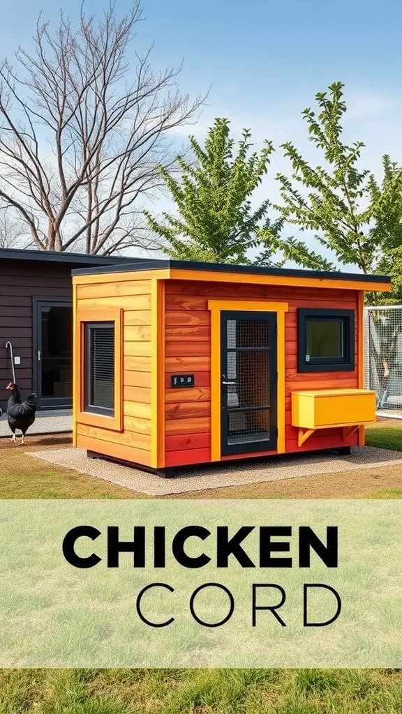 A contemporary cube chicken coop with vibrant colors and a modern design.