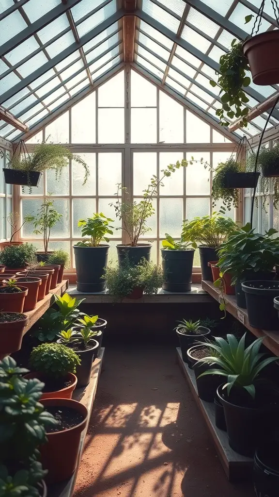 Interior view of a cottage greenhouse filled with various potted plants and sunlight streaming through the glass roof.