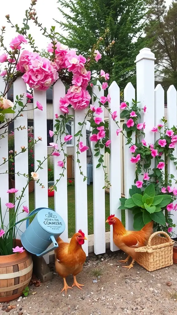 A charming chicken cage with a white picket fence, pink flowers, and two chickens.