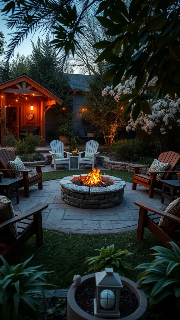A cozy fire pit area with a stone fire pit surrounded by wooden chairs and soft lighting.