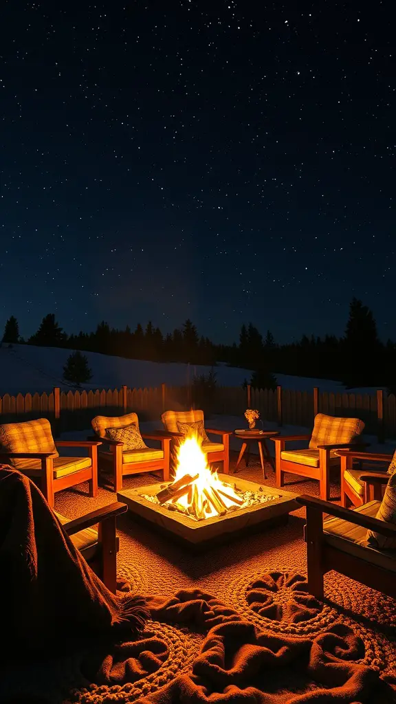 Cozy fire pit area with wooden chairs and a warm fire under a starry sky