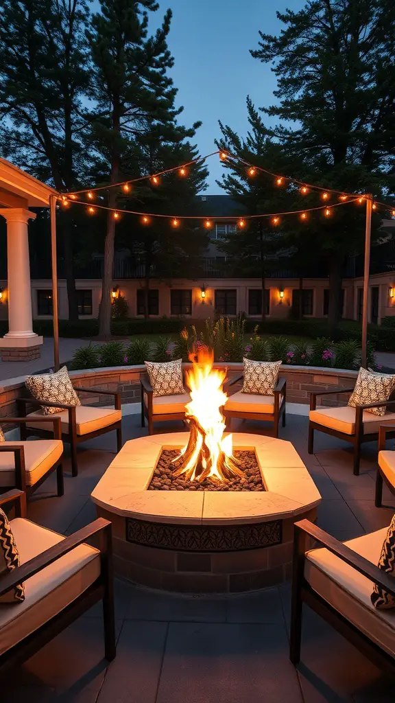 A cozy fire pit area with comfortable seating and string lights in a garden setting.