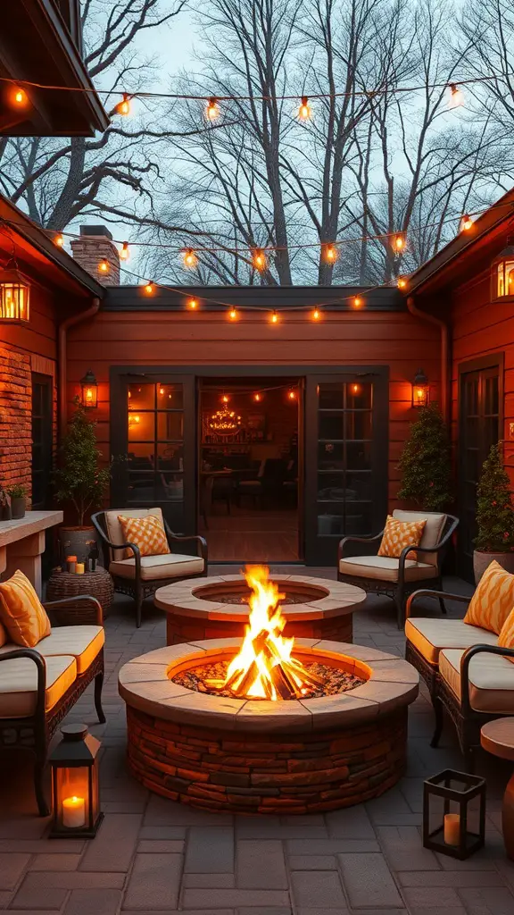 Cozy outdoor fire pit lounge with comfortable seating and string lights