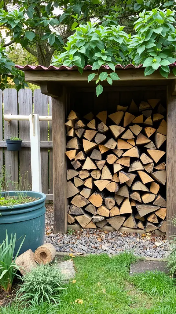A cozy garden with neatly stacked firewood under a wooden shelter, surrounded by greenery.