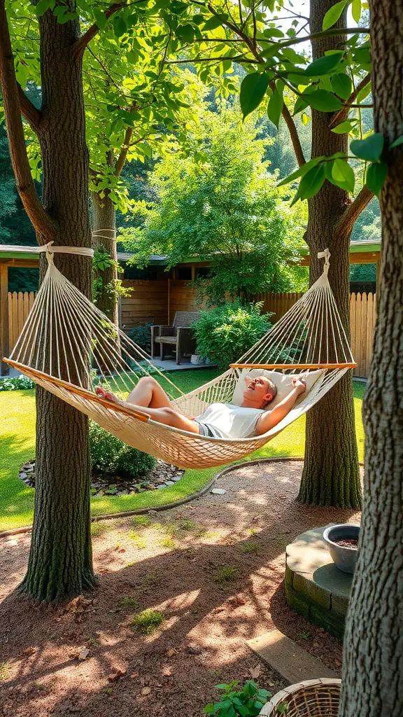 A cozy hammock set up in a garden surrounded by trees and greenery.