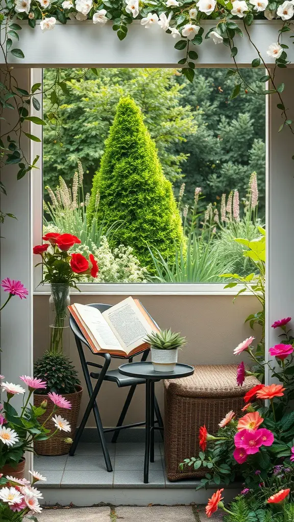 A cozy reading nook with flowers, a chair, and an open book