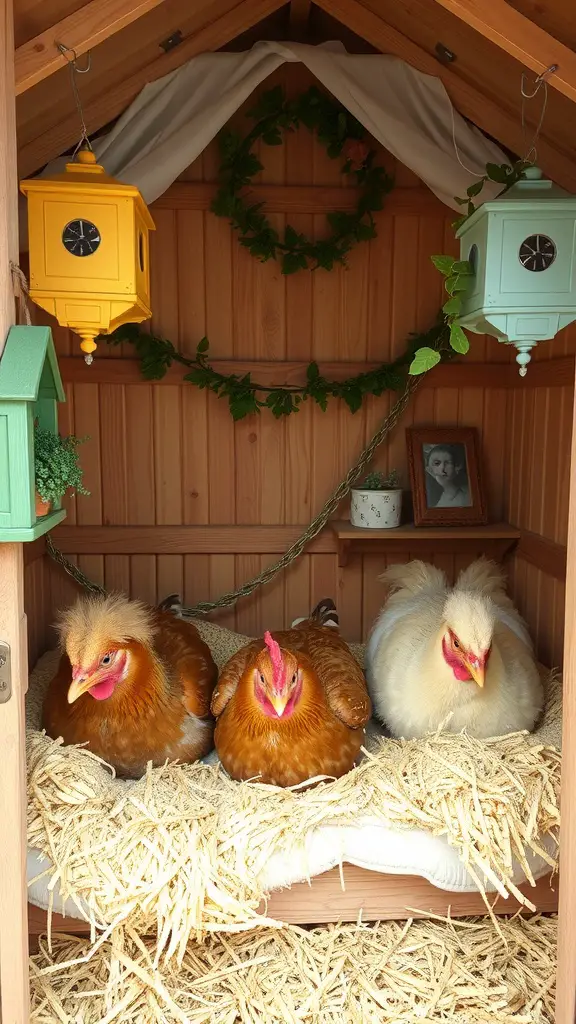 Three chickens resting in a cozy roosting area of a fancy chicken coop, surrounded by decorative lanterns and greenery.