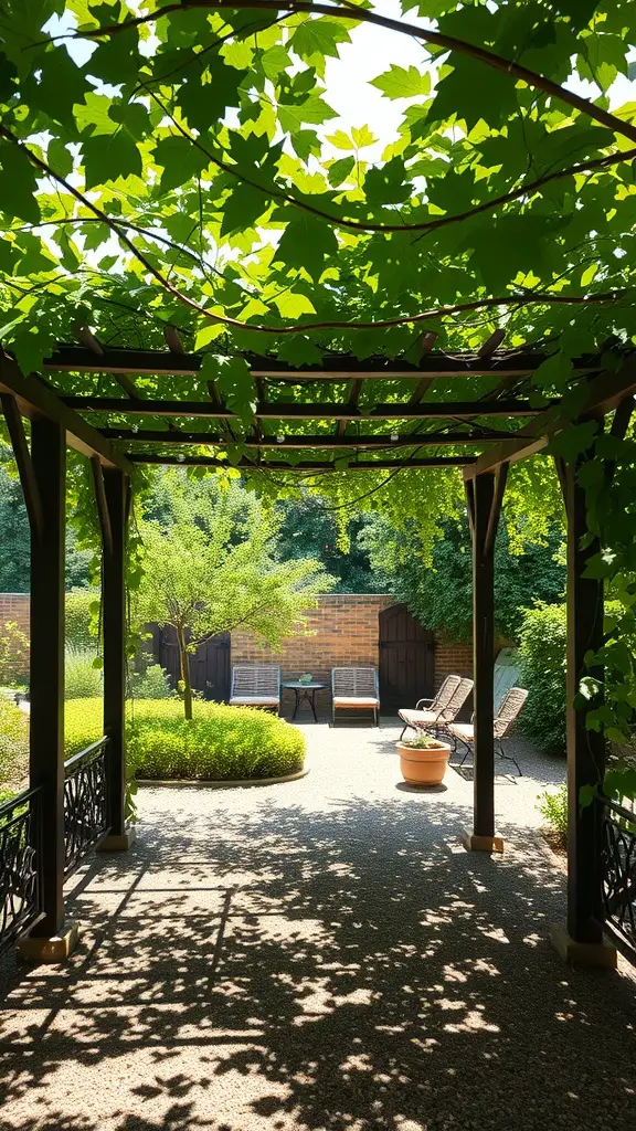 A shaded area in a garden featuring a pergola with green leaves, comfortable chairs, and a potted plant.