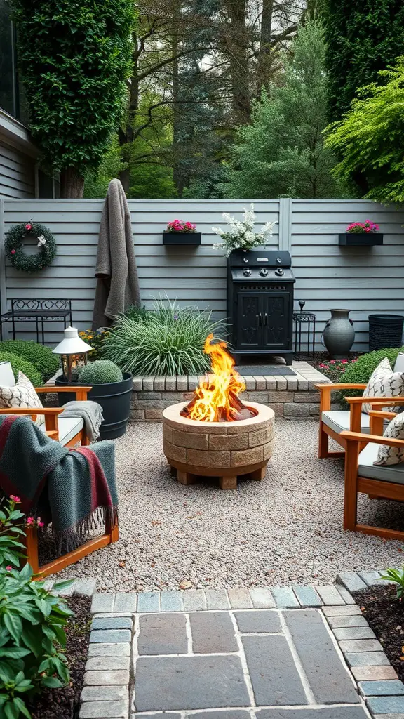 A cozy fire pit area in a garden with wooden chairs, a stone fire pit, and surrounding greenery.