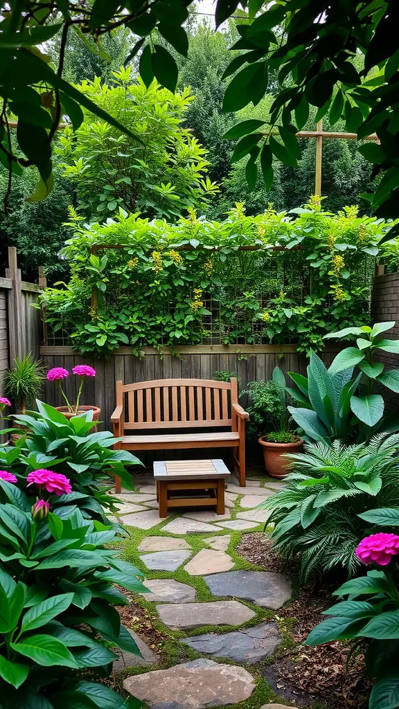 A cozy seating area in a small garden with a wooden bench, stone pathway, and vibrant flowers.
