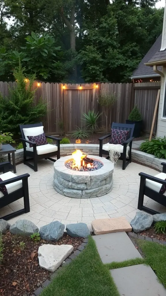 A cozy fire pit area with chairs and soft lighting in a backyard