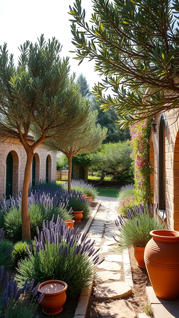 A Mediterranean-inspired garden with lavender, olive trees, and terracotta pots along a stone pathway.