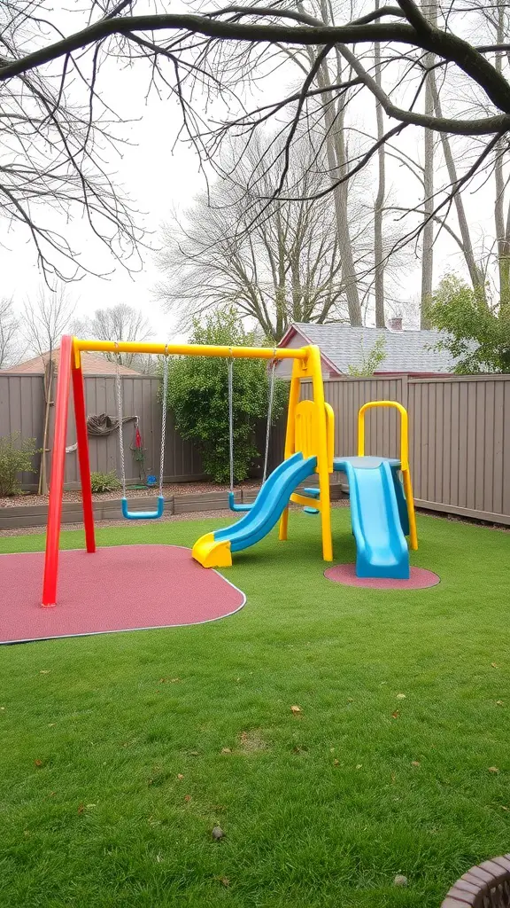 A colorful play area featuring a swing set and slide on green grass.