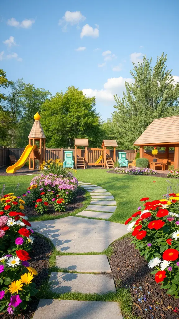 A colorful garden with a playset, flowers, and a stone pathway.