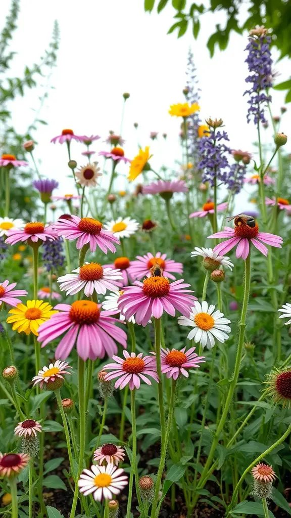 A colorful garden filled with various flowers, including daisies and coneflowers, attracting pollinators like bees.