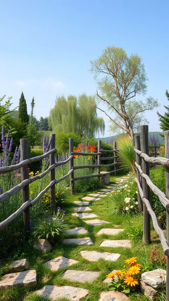A rustic garden pathway with stone slabs, surrounded by colorful flowers and a wooden fence.