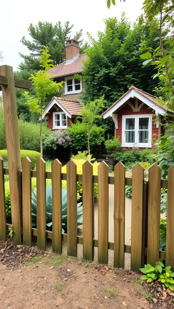 A small cottage garden with a wooden picket fence and lush greenery.
