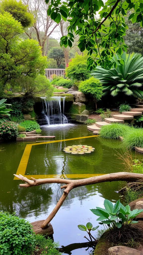 A serene garden with a waterfall flowing into a pond surrounded by lush greenery and lily pads.