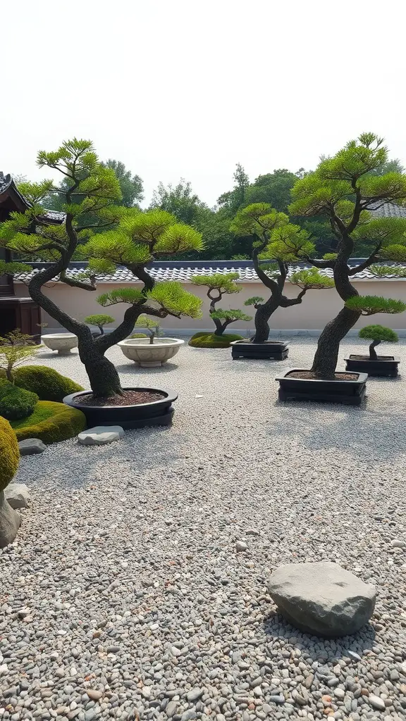 A serene Zen garden featuring bonsai trees, gravel, and rocks.