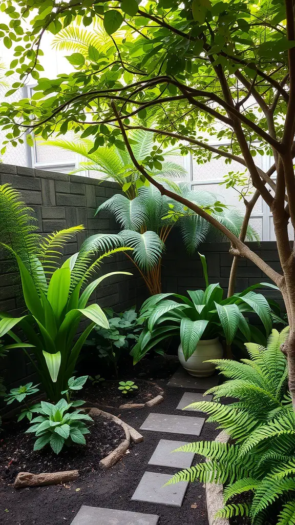 A cozy shade garden featuring various plants, a stone pathway, and a tree providing natural cover.