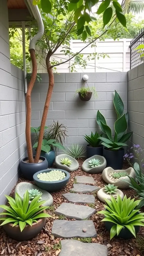 A small themed garden corner with various plants in decorative pots and a stone pathway.