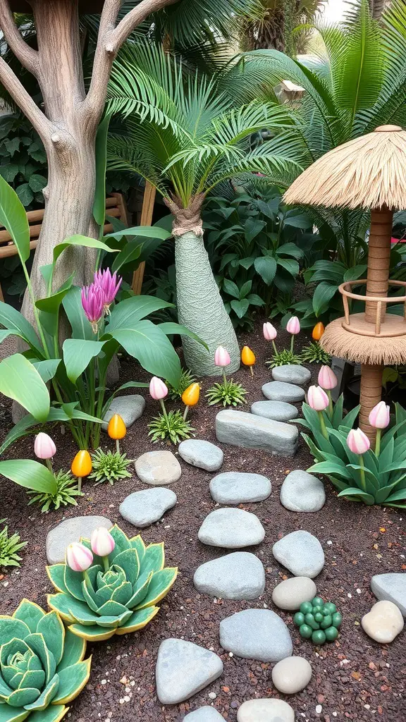 A vibrant themed garden featuring a stone path, colorful tulips, succulent plants, a palm tree, and a thatched-roof gazebo.