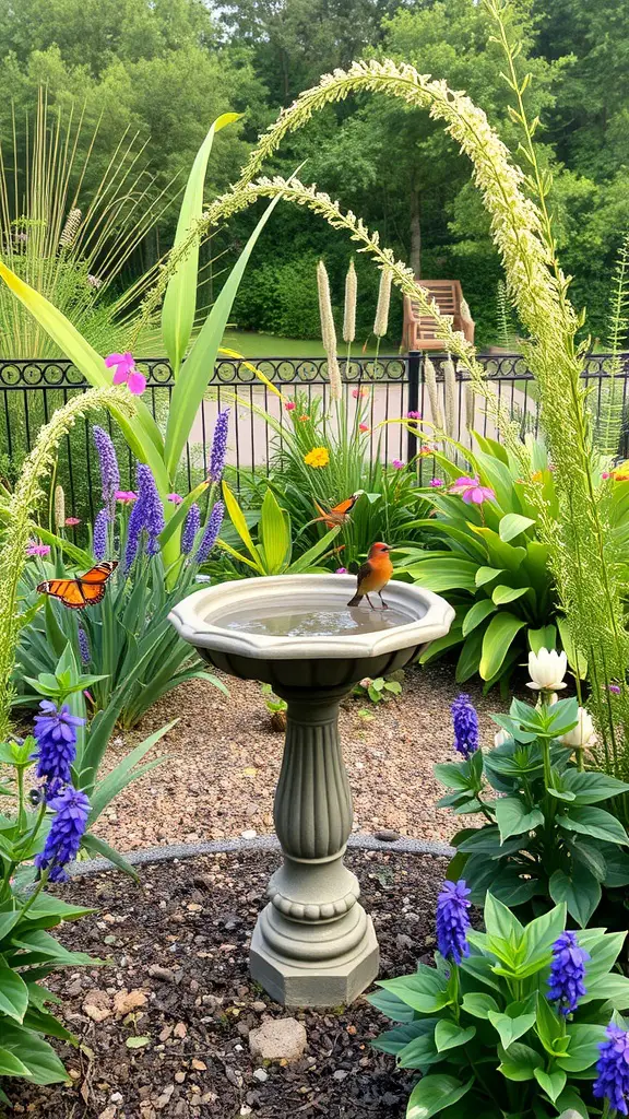 A birdbath surrounded by colorful flowers and greenery in a garden.