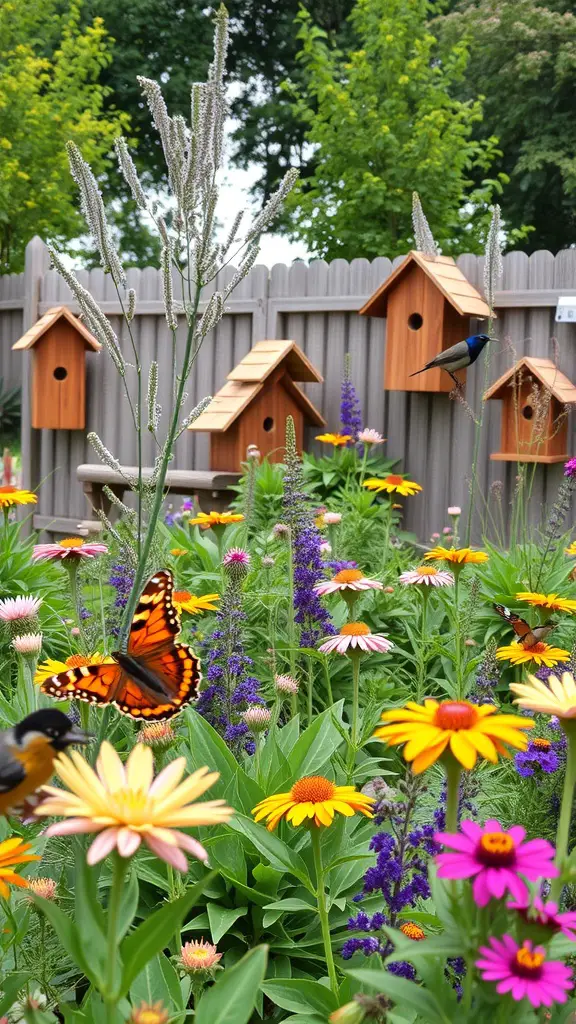 A colorful garden with flowers, butterflies, and birdhouses.