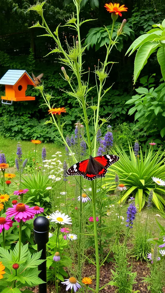 A vibrant garden with colorful flowers, a butterfly on a tall stem, and a bright orange birdhouse.