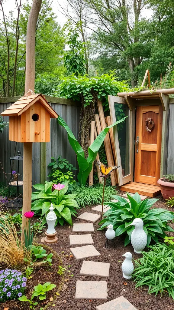 A small cottage garden featuring a birdhouse, stepping stones, and various plants.