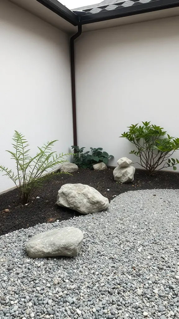 A small Zen garden featuring smooth stones, gravel, and greenery.