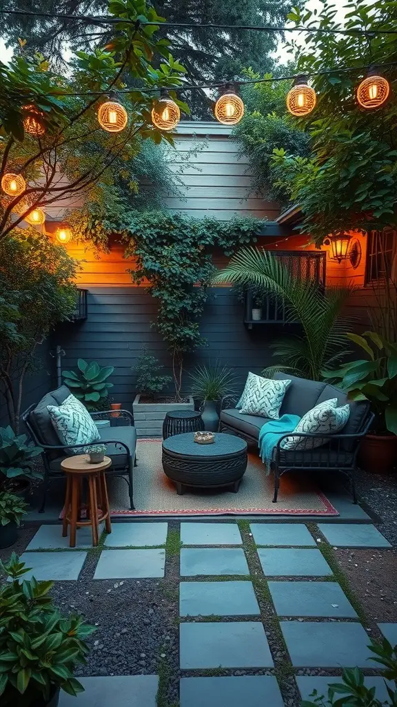 Cozy backyard seating area with plants and warm lighting