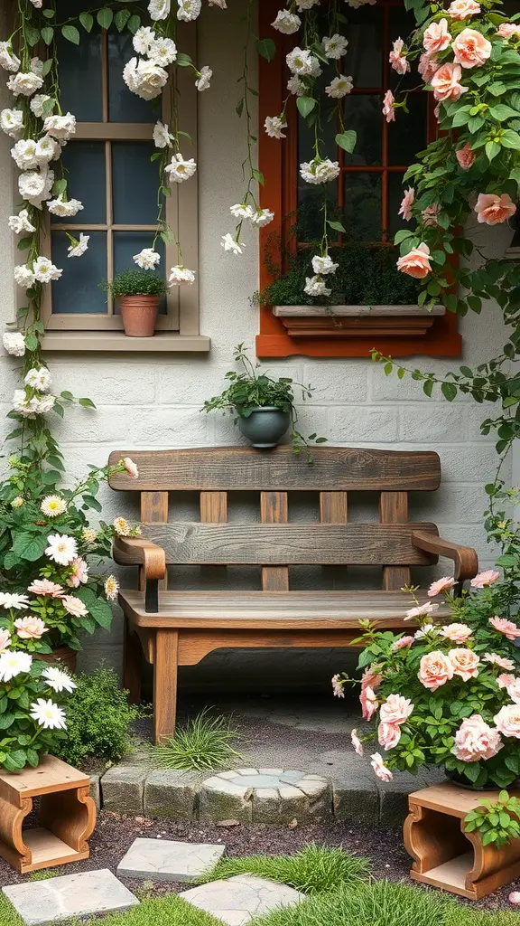 A cozy seating area in a small cottage garden, featuring a wooden bench surrounded by blooming flowers.