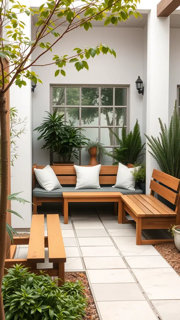 Cozy seating area in a small garden with wooden benches and greenery.