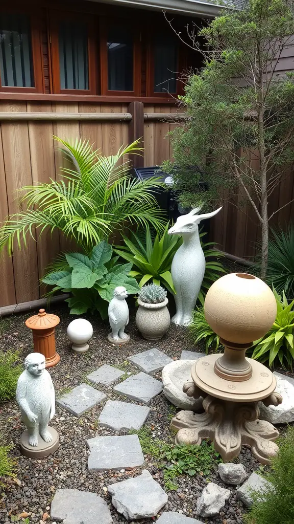 A small garden featuring various garden art sculptures surrounded by lush greenery.