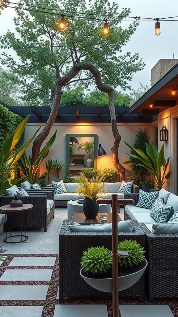 A cozy outdoor patio with comfortable seating, decorative pillows, and string lights, surrounded by plants and a tree.