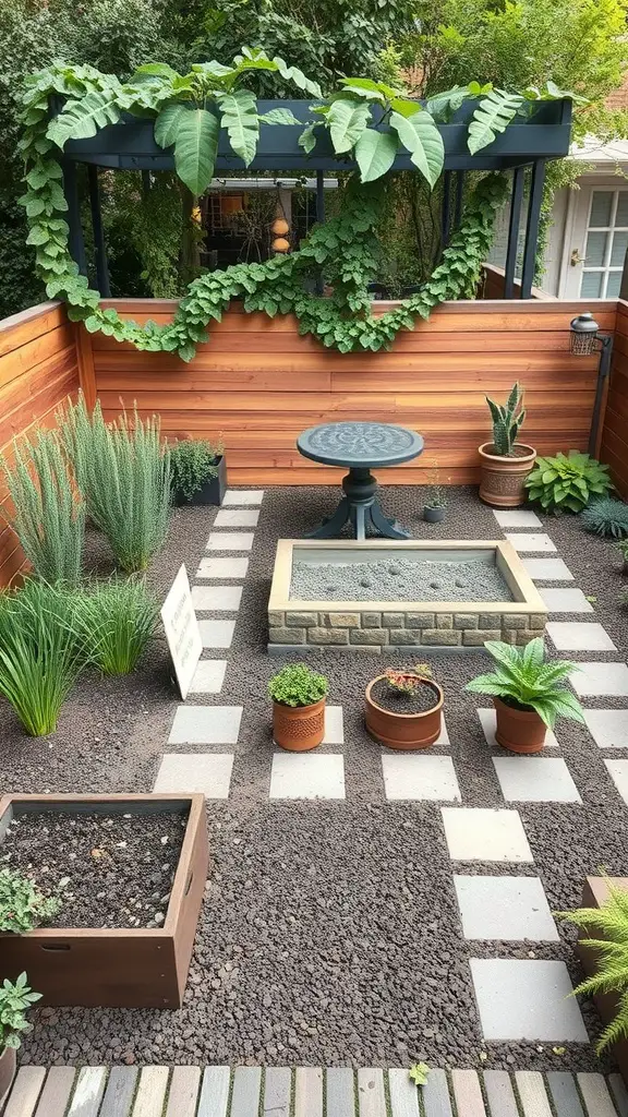 A small garden with a table, potted plants, and pathways, showcasing a multi-functional outdoor space.