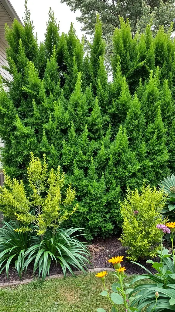 A lush green backyard with tall evergreen plants providing privacy, alongside colorful flowering plants.