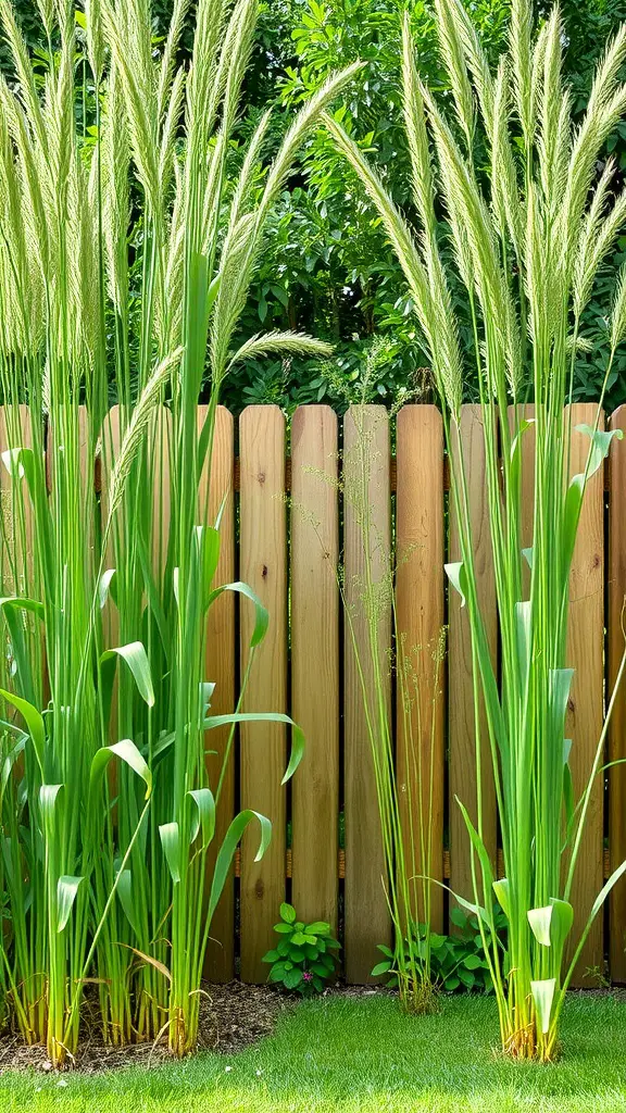 Tall grasses beside a wooden fence in a small garden.