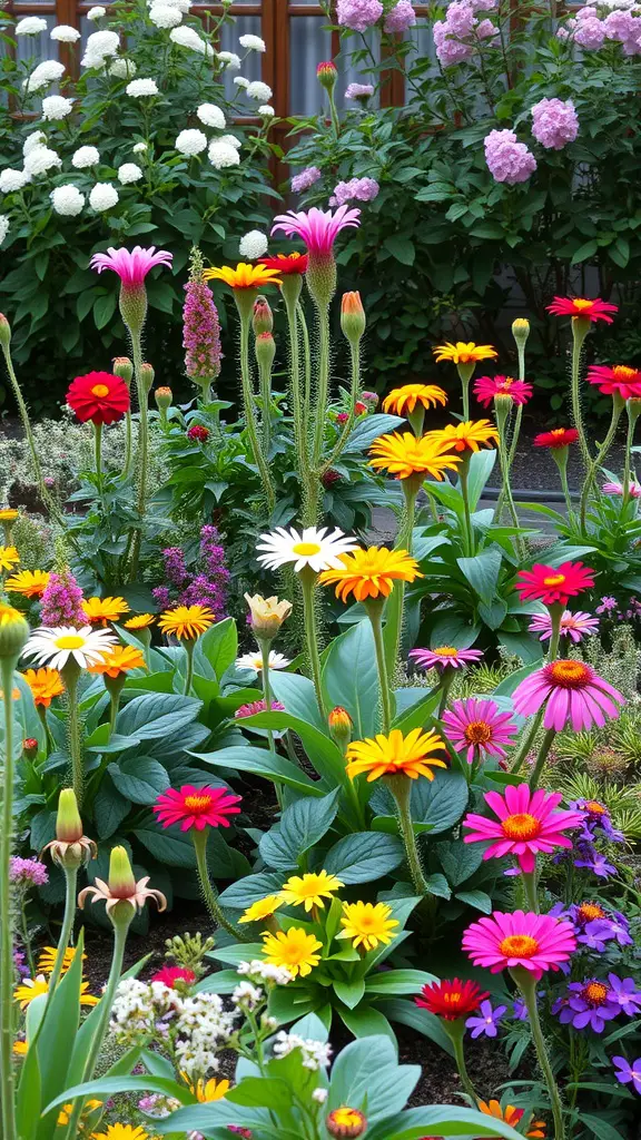 A colorful garden filled with various flowers, showcasing seasonal blooms and lush greenery.