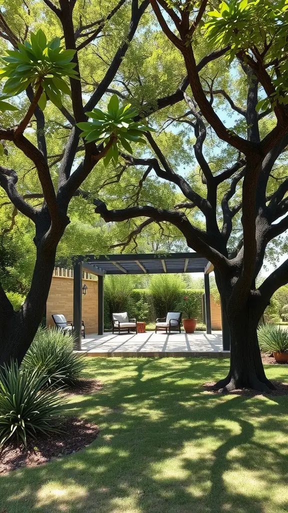 A garden area with large trees providing shade over a seating area with a pergola.