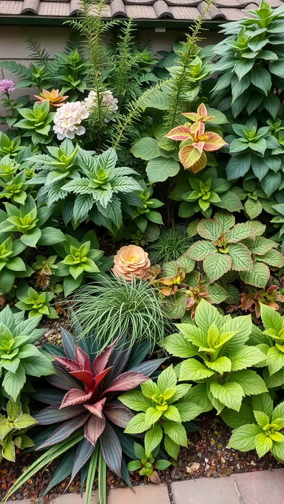 A small cottage garden with a variety of green foliage and colorful flowers, showcasing different textures and layers.